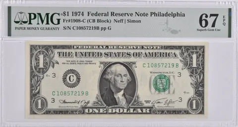 $1 1974 FRN Philadelphia, PA Fr#1908-C PMG Superb Gem Unc 67 EPQ