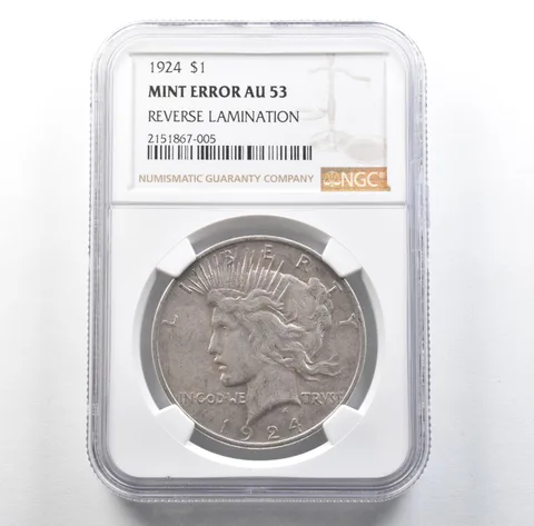 1924 Peace Silver Dollar Mint Error Reverse Lamination AU53 NGC *3157