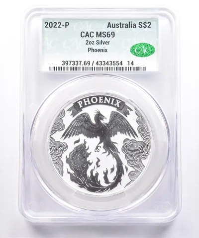 2022 P Australia 2 Dollars Silver Phoenix 2 Oz Silver MS69 CAC CACg