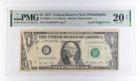 1977 $1 Philadelphia PA FRN Gutter Fold Errors Fr#1909-C VF 20 NET PMG *9499