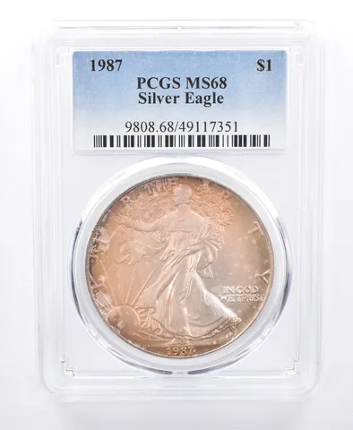 1987 American Silver Eagle MS68 PCGS Purple/Orange Tone *8624