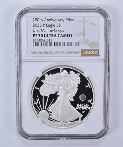 2025-P American Silver Eagle Marine Corps 250th Anniversary Privy PF70 UCAM NGC