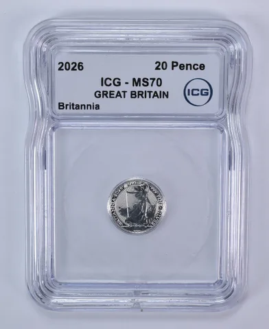 2026 Great Britain 20 Pence Silver Britannia 1/10 Oz Silver MS70 ICG