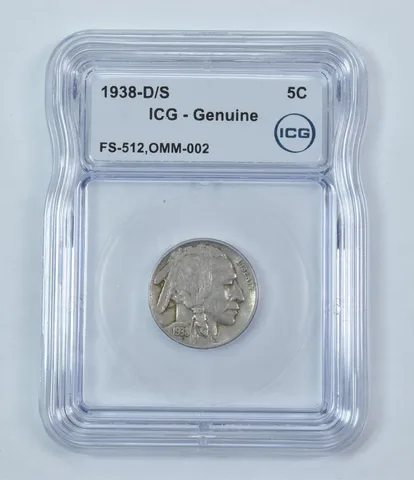 Error 1938-D/S Indian Head Buffalo Nickel FS-512 OMM-002 Genuine ICG a9252