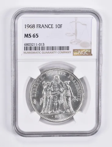 1968 France 10 Francs 90% Silver MS65 NGC Brown Label