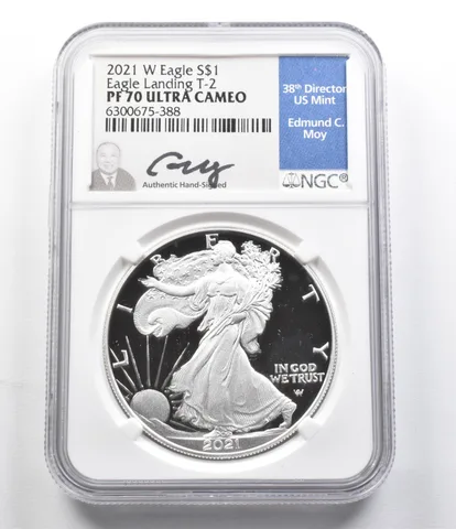 PF70 UCam 2021-W American Silver Eagle Landing T-2 Moy Signed NGC a5839