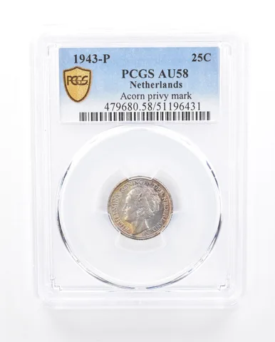 1943 P Netherlands 25 Cents Acorn Privy Mark AU58 PCGS Beautiful Tone *5386