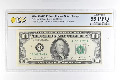 1969 C $100 Chicago IL FRN Fr#2166-G About Unc 55 PPQ PCGS *4965
