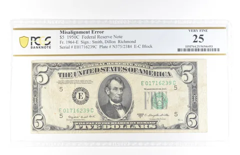 1950 C $5 Richmond VA FRN Misalignment Error Fr#1964-E Very Fine 25 PCGS *5806