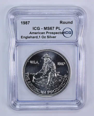 1987 Engelhard 1 Oz Silver American Prospector Eagle Reverse MS67 PL ICG