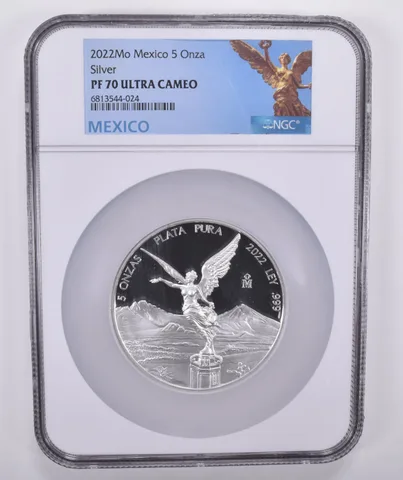 2022 Mo Mexico Silver 5 Onza PF70 UCAM NGC Mexico Label