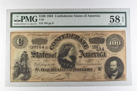 1864 $100 Confederate States of America T-65 Choice About Unc 58 EPQ PMG *0974