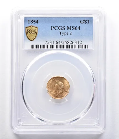 1854 $1 Indian Princess Head Gold Dollar Piece Type 2 MS64 PCGS *2334