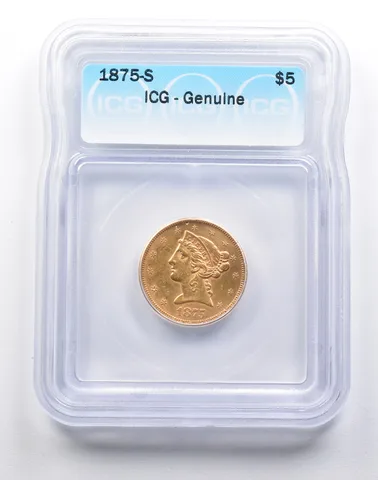 Genuine 1875-S $5 Liberty Head Gold Half Eagle ICG *8314