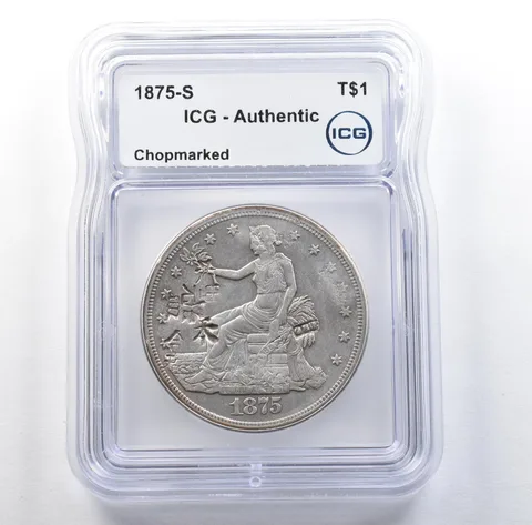 1875-S Seated Liberty Trade Dollar Chopmarked Authentic ICG *3070