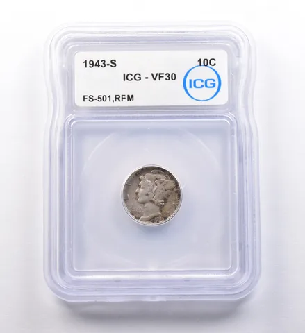 1943-S Mercury Dime FS-501, RPM VF30 ICG *9702