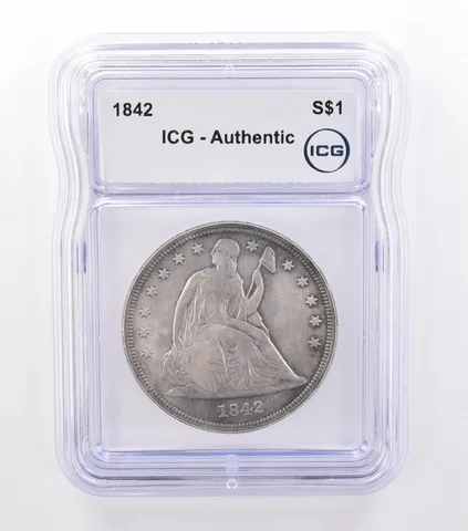 1842 Seated Liberty Silver Dollar Authentic ICG Beautiful Tone *9209