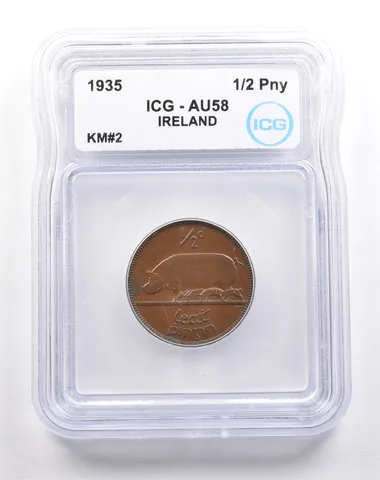 1935 Ireland 1/2 Penny KM#2 AU58 ICG *5530