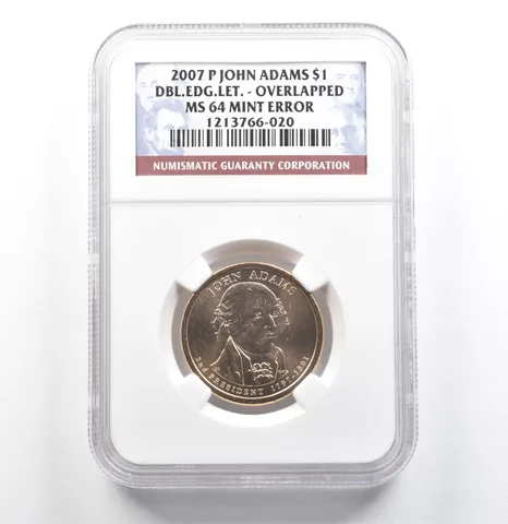2007-P Presidential $1 Adams Double Edge Overlapped Mint Error MS64 NGC *6847