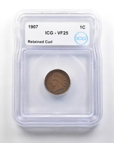 1907 Indian Head Cent Mint Error Retained Cud VF25 ICG *1623