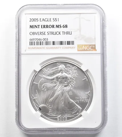 2005 American Silver Eagle Mint Error Obverse Struck Thru MS68 NGC *0754