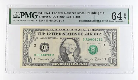 1974 $1 Philadelphia FRN Insufficient Inking Error Fr#1908-C 64 EPQ PMG *9490