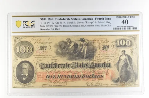 1862 $100 Confederate States Large Note T-41 PF-12 CR-317A EF 40 PCGS *4148