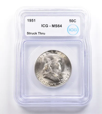 1951 Franklin Half Dollar Struck Thru MS64 ICG *4838
