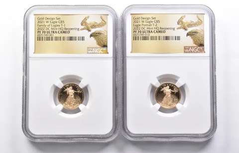 Lot (2) PF70 2021-W $5 American Gold Eagle T-1 & T-2 2022 DC Mint HQ NGC *4318