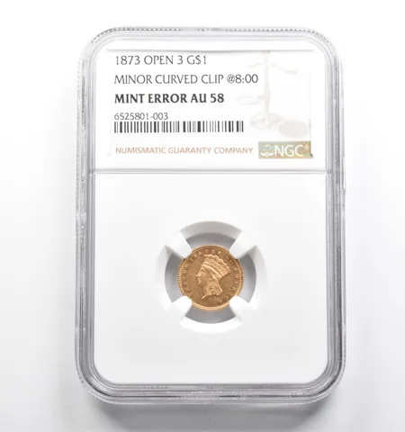 ErrorAU58 1873 Open 3 $1 Indian Princess Head Gold Minor Curve Clip @8 NGC *4694