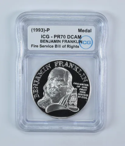 (1993)-P Benjamin Franklin Medal Fire Service Bill Of Rights PR70 DCAM ICG