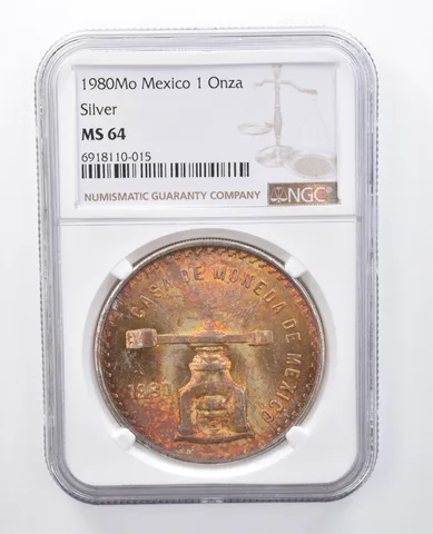 1980 Mo Mexico 1 Onza Silver MS64 NGC Rainbow Tone *7912