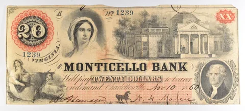 1860 $20 Bank Note Virginia Monticello Bank Large Note N *5578