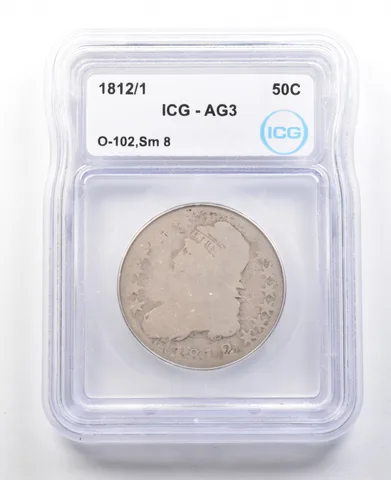 1812/1 Capped Bust Half Dollar O-102 Small 8 AG3 ICG *3073