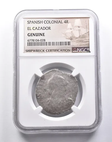 Genuine El Cazador Spanish Colonial 4 Reales NGC Shipwreck Certification *3692