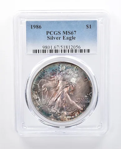 1986 American Silver Eagle MS67 PCGS Blue/Purple Tone *8174