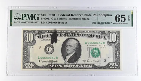 1969 C $10 Philadelphia Ink Smear Error FRN Fr#2021-C Gem Unc 65 EPQ PMG *9437