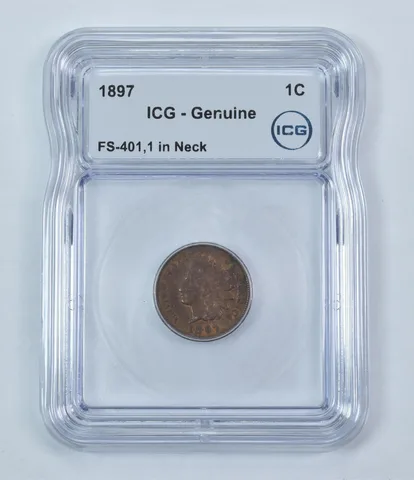 Error 1897 Indian Head Cent FS-401 1 In Neck Genuine ICG *9257