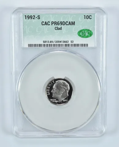 1992-S Roosevelt Dime CLAD PR69 DCAM CAC CACg