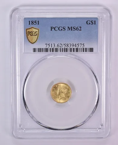 1851 $1 Liberty Head Gold Dollar MS62 PCGS Blue Label