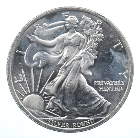 VINTAGE Art Bar/Round Money Metals Exch Liberty Pattern .999 Silver 1 T Oz *864