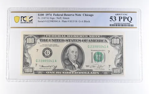 1974 $100 Chicago IL FRN Fr#2167-G About Unc 53 PPQ PCGS *8273