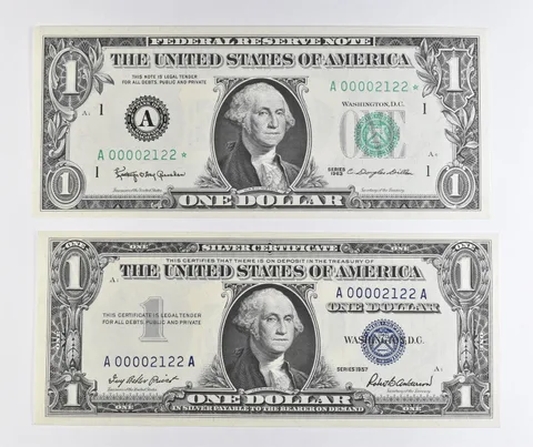 Lot (2) Matching Serial Numbers 1957 $1 Silver Certificate/1963 $1 MA FRN *1722