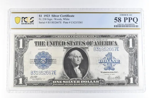 1923 $1 Silver Certificate Large Note Fr#238 Choice AU 58 PPQ PCGS *2345