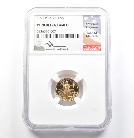 1991-P $5 American Gold Eagle Mercanti 1/10 Oz PF70 UCAM NGC a0086