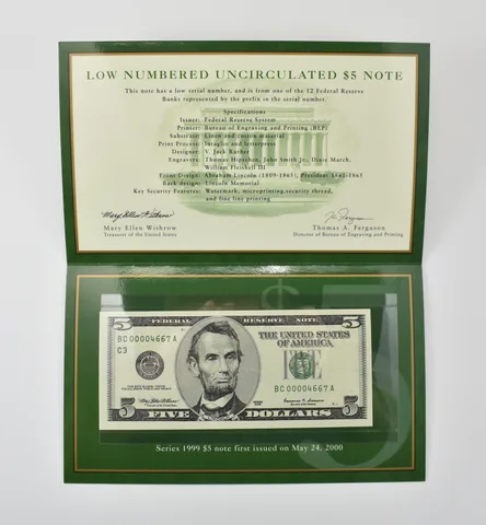 1999 $5 FRN C Bank Low Serial Number BEP a0386