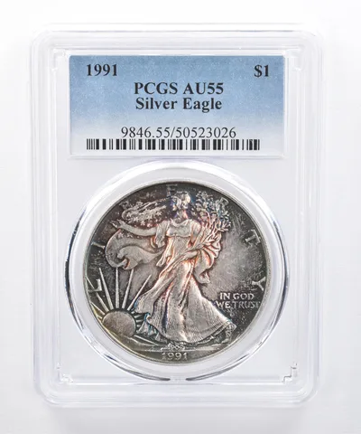 1991 American Silver Eagle AU55 PCGS Green/Blue Tone *8503