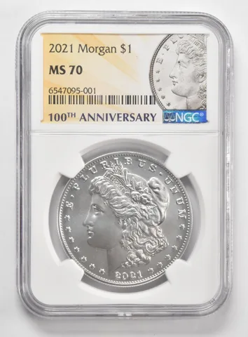 2021-P Morgan Silver Dollar Philadelphia $1 MS70 NGC 100th Anniversary Lbl