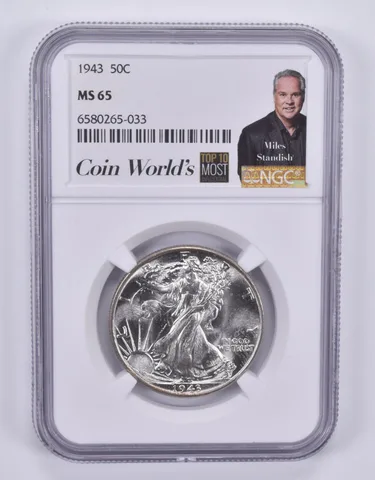 1943 Walking Liberty Half Dollar 50c MS65 NGC Miles Standish Label