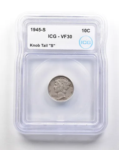 1945-S Mercury Dime Mint Error Knob Tail "S" VF30 ICG *1675